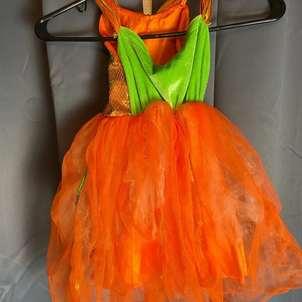 Rubies pumpkin costume unitard sequined tulled skirt girls orange & green, sz sm